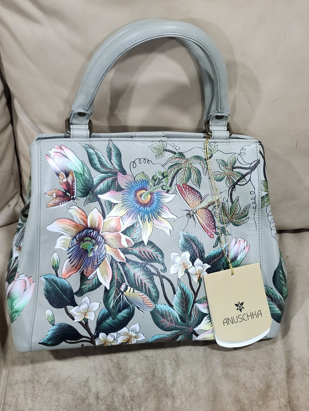 NWT Anuschka Light Gray Dragonfly Floral Hand-Painted Top-Handle Satchel